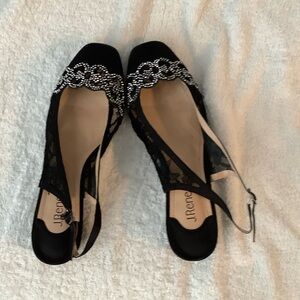 J.Renee Black Lace Slingback Flats with Crystal Trim